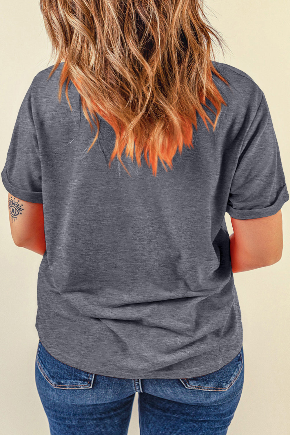 Gray Solid Color Basic Crew Neck Plain Tee