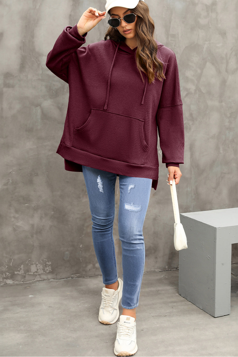 Red Dahlia Waffle Knit High Low Oversized Hoodie