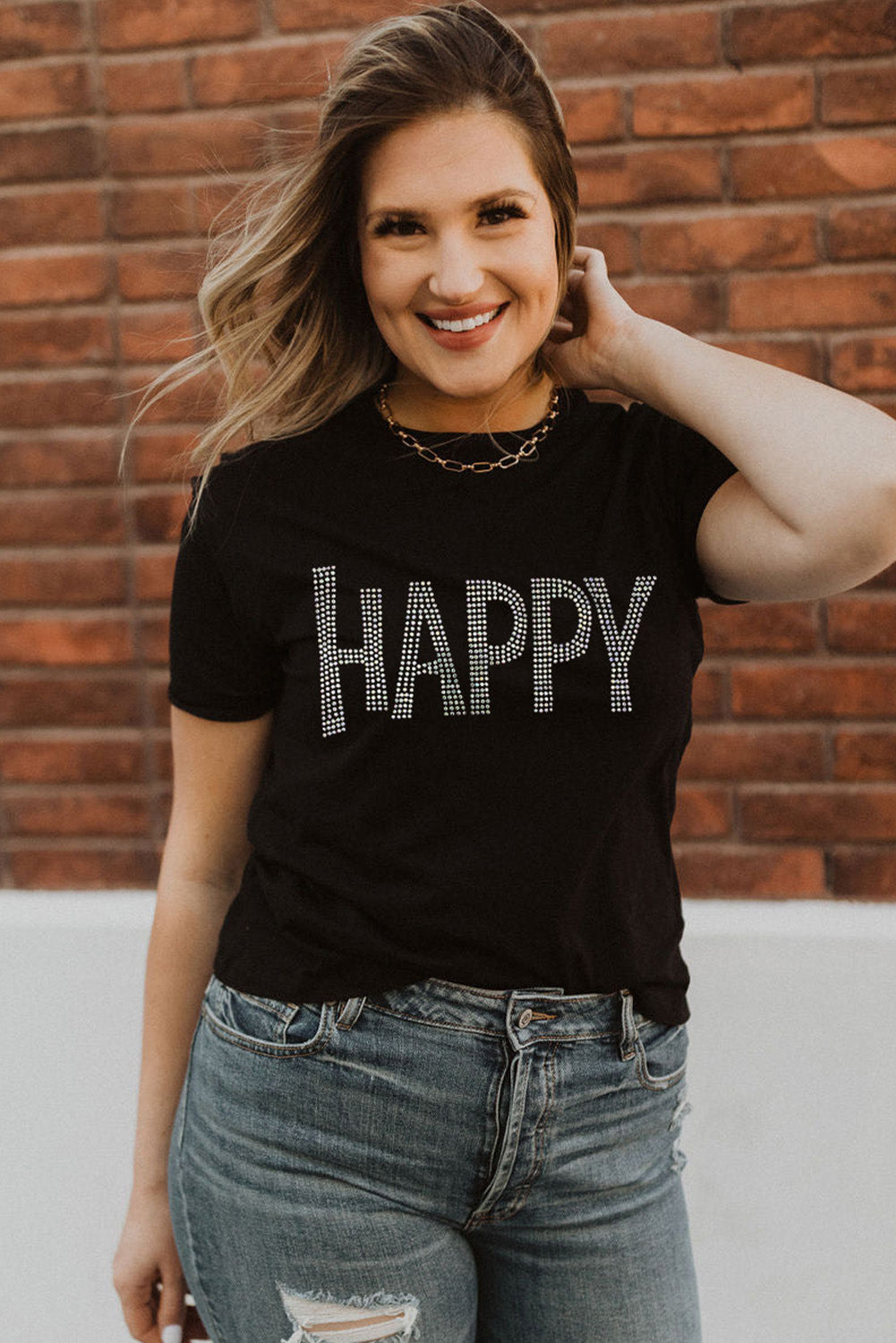 Black Rhinestone HAPPY Graphic Crewneck T Shirt