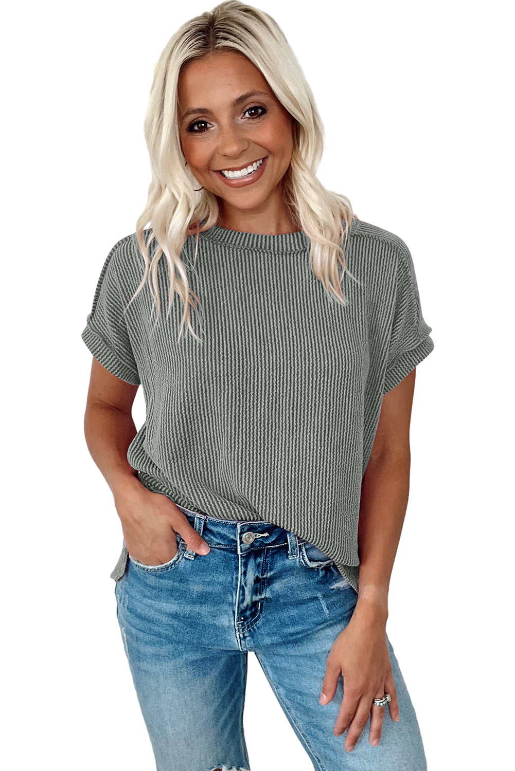 Medium Grey Crinkle Rib Knit Exposed Seam Round Neck T-shirt