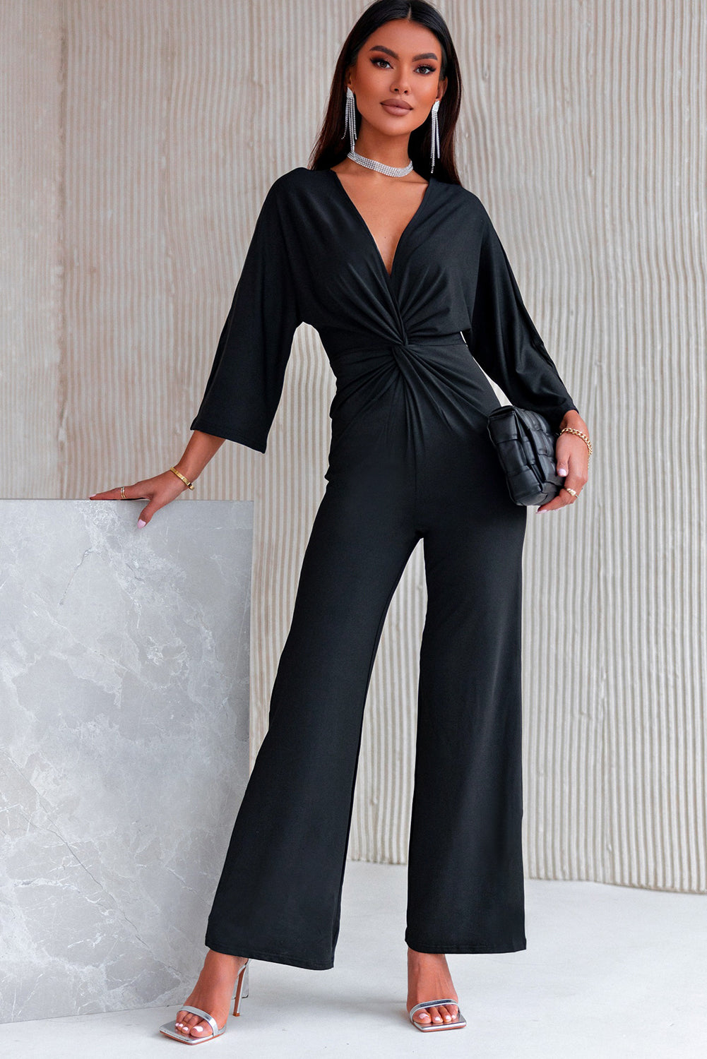 Twisted Plunge Three-Quarter Sleeve Jumpsuit