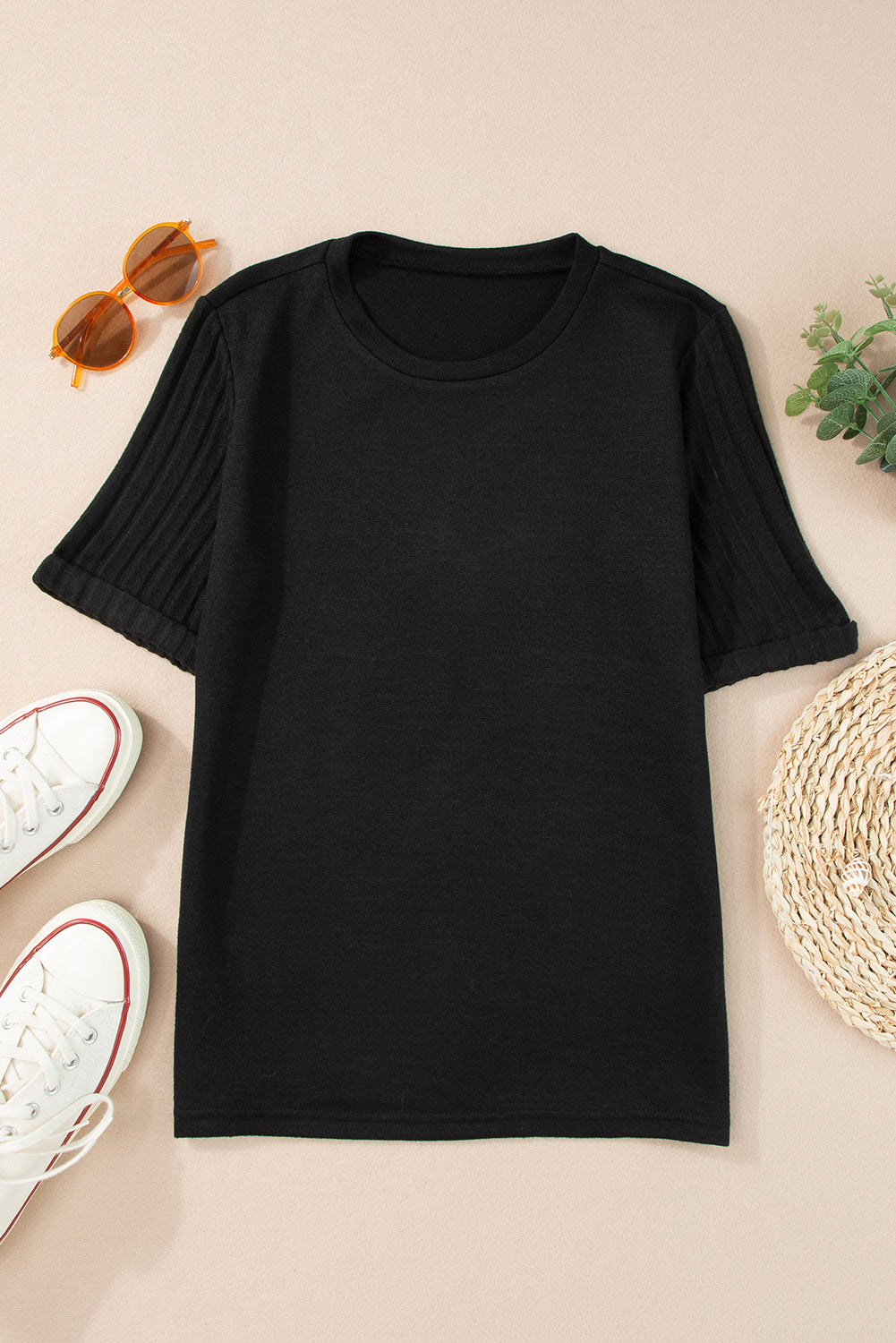 Black Ribbed Splicing Short Sleeve Round Neck T-shirt