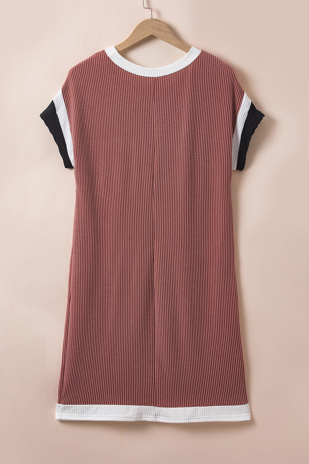 Light French Beige Rib Textured Colorblock Pocket T Shirt Dress