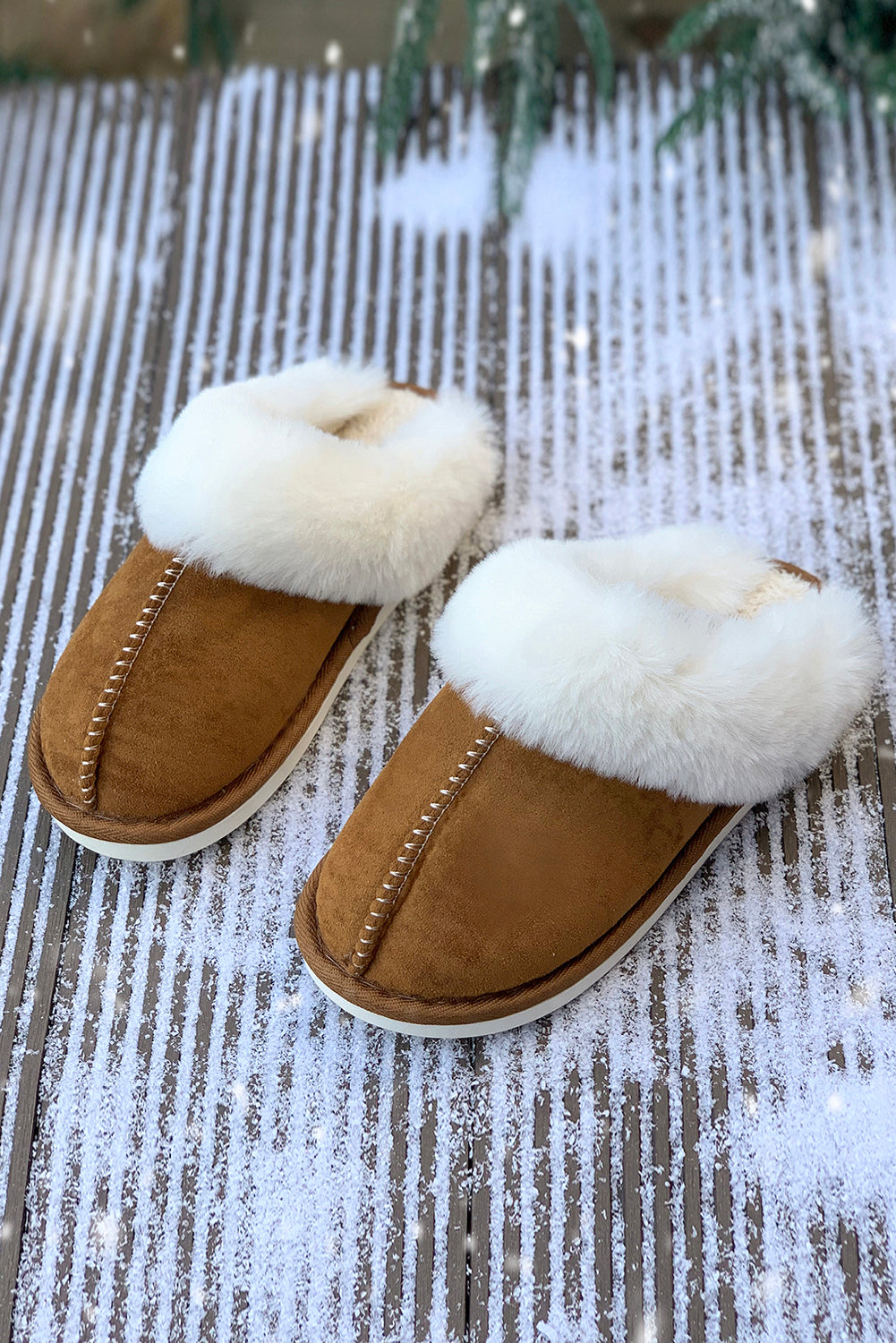 Camel Suede Plush Thick Sole Slides Shoes