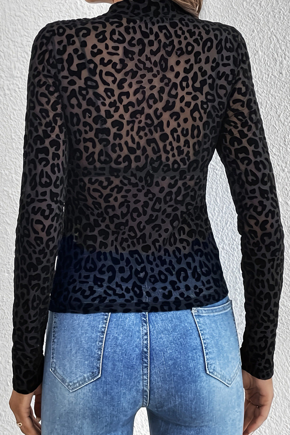 Black Leopard Stand Neck Sexy Long Sleeve Mesh Top