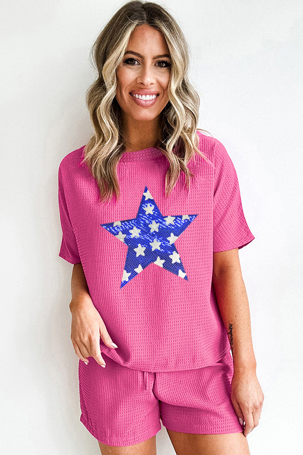 Rose Red Flag Day Sequin Star Waffle Knit Tee and Shorts Set