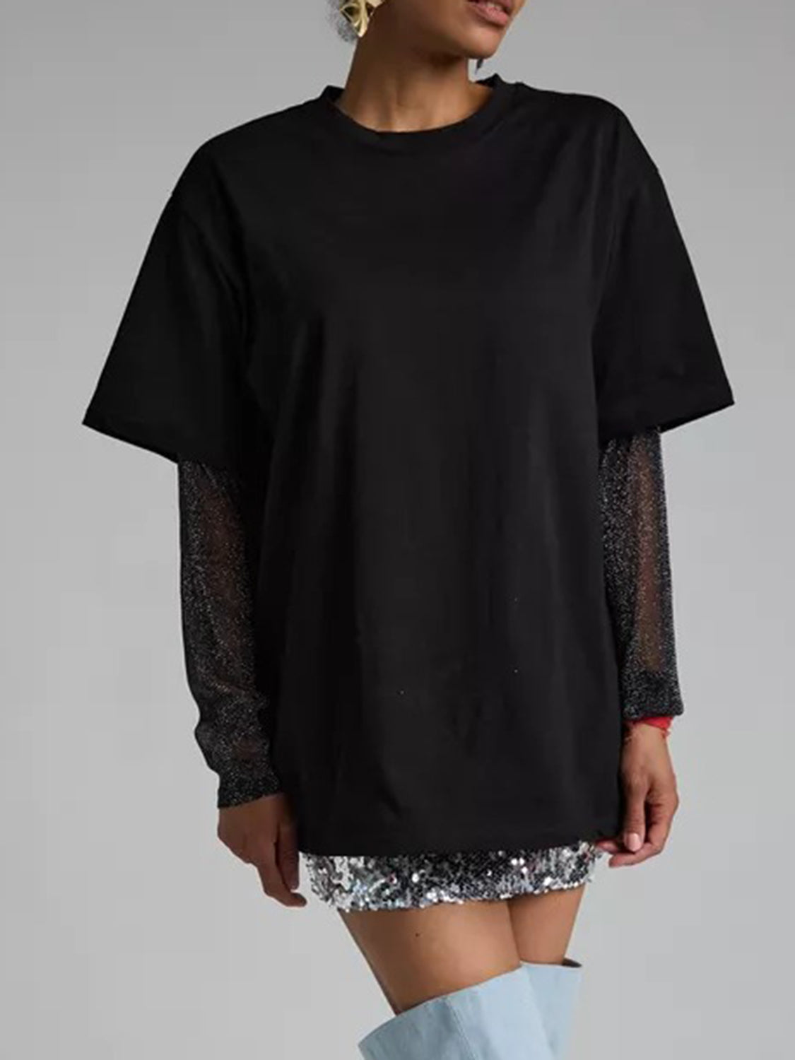 Faux Layered Round Neck Mesh Sleeve Top