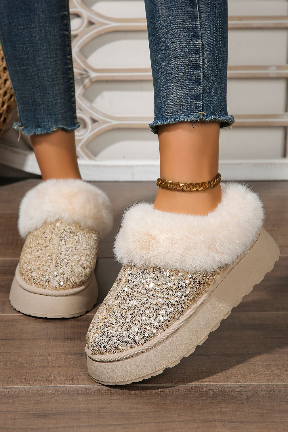 Silvery Sequin Plush Lined Thick Sole Snow Boots