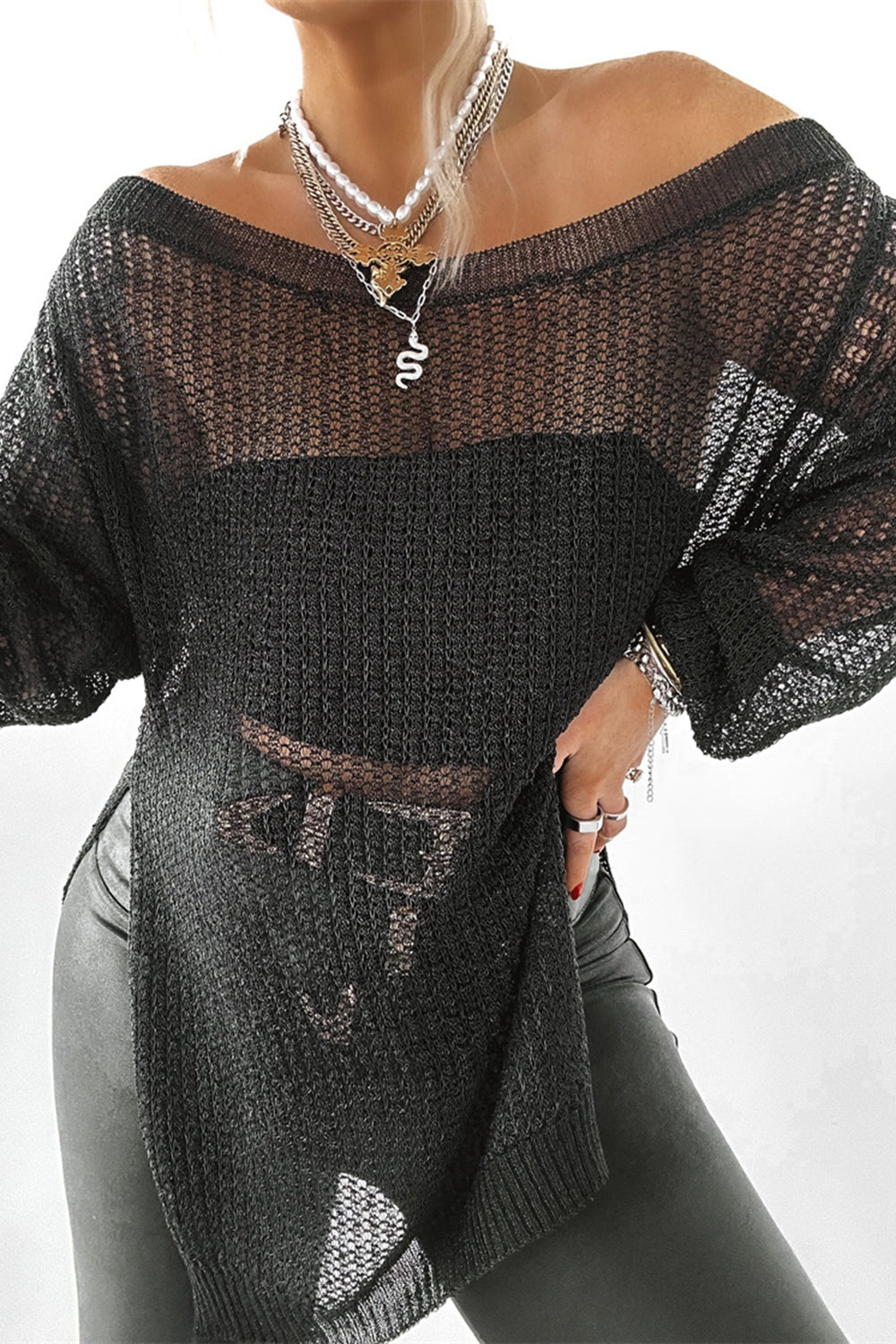 Side Slit Long Sleeve Knit Cover Up