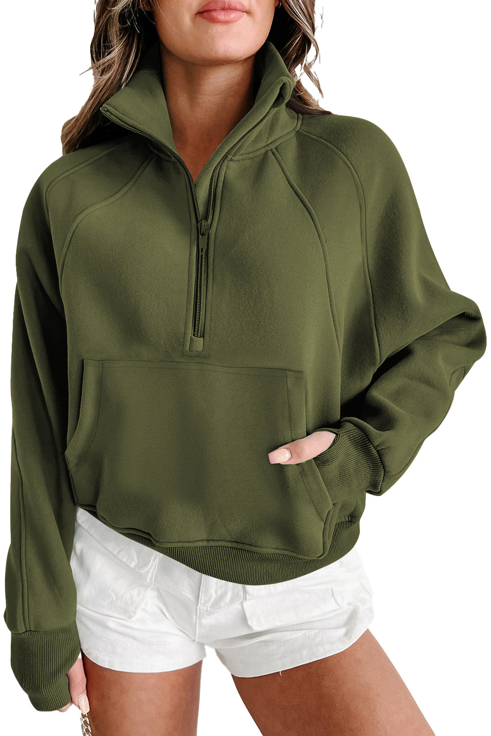 Aruba Blue Quarter Zip Stand Neck Kangaroo Pocket Sweatshirt