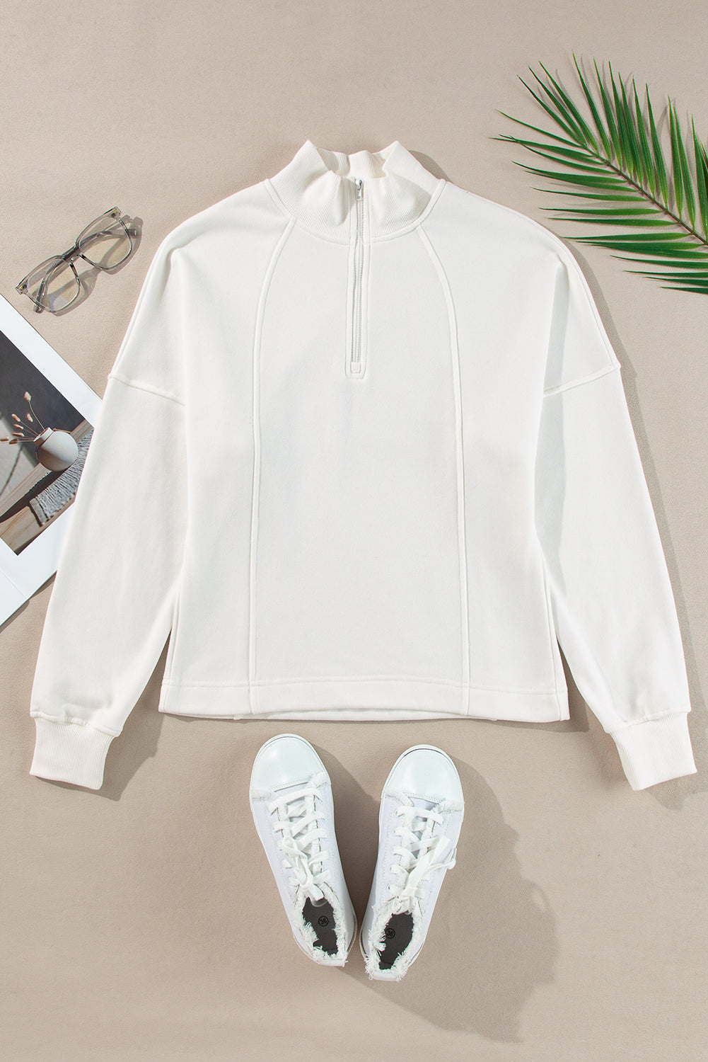 White Zipper Collared Drop Shoulder Plain Sweatshirt