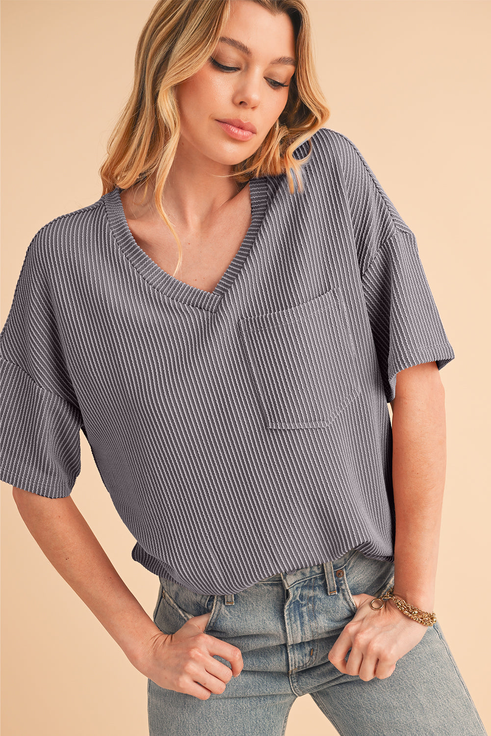 Light Grey Ribbed V Neck Pocket Drop Sleeve T-Shirt