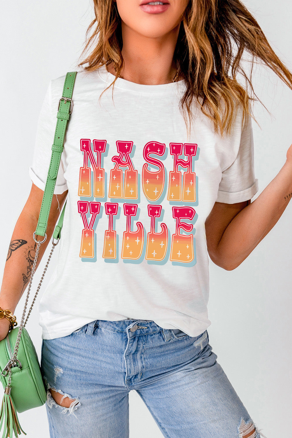 White NASHVILLE Starry Graphic Crew Neck T Shirt