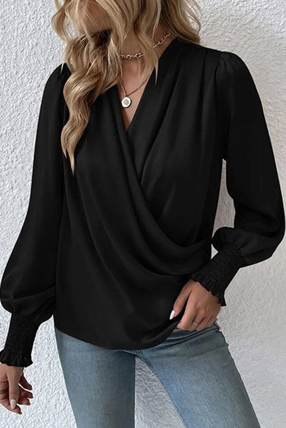 Black Plain Drape V Neck Long Sleeve Blouse for Women