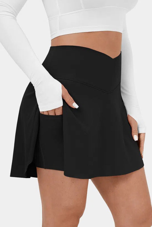 Black Solid Pocketed Cross Criss High Waist Skort