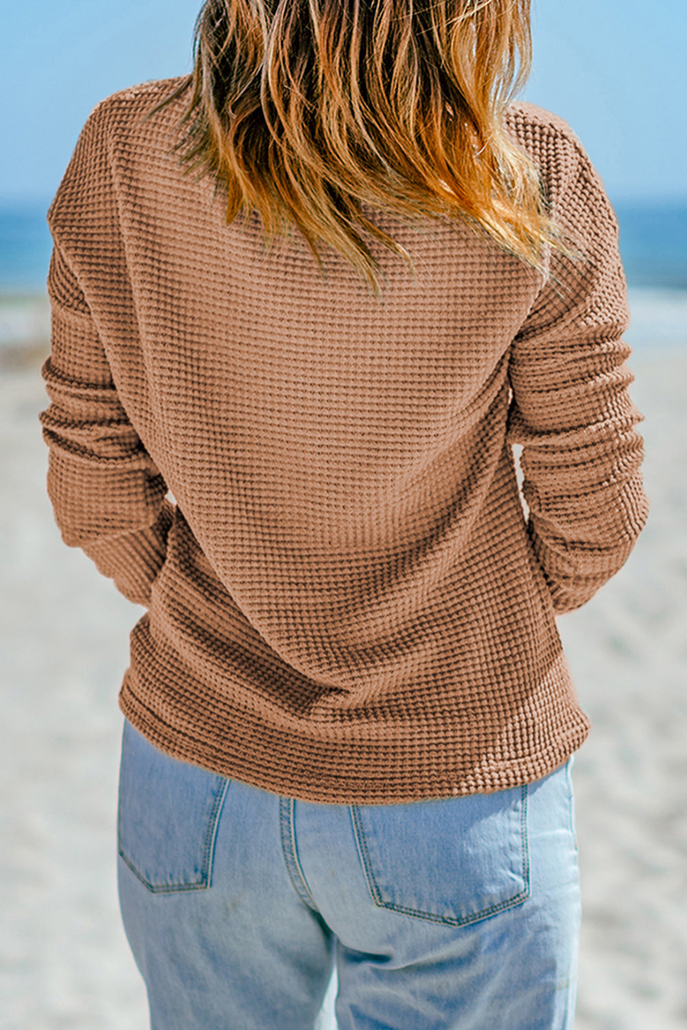 Navy Blue Waffle Knit Drop Shoulder Long Sleeve Top