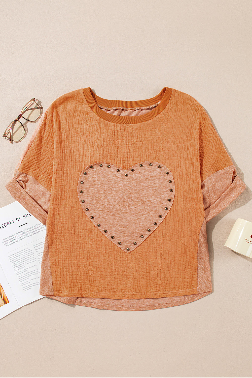 Desert Gold Stud Heart Patch Textured Dolman Top