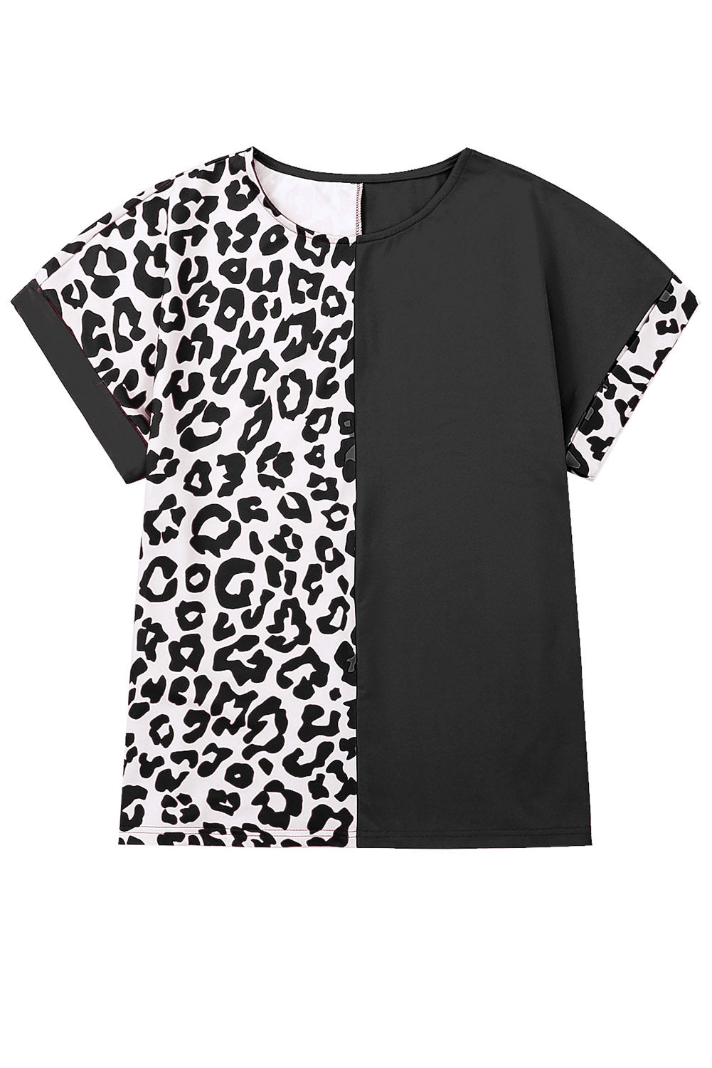 Rosy Leopard Print Top Color Block Rolled Up Sleeve Casual T Shirt