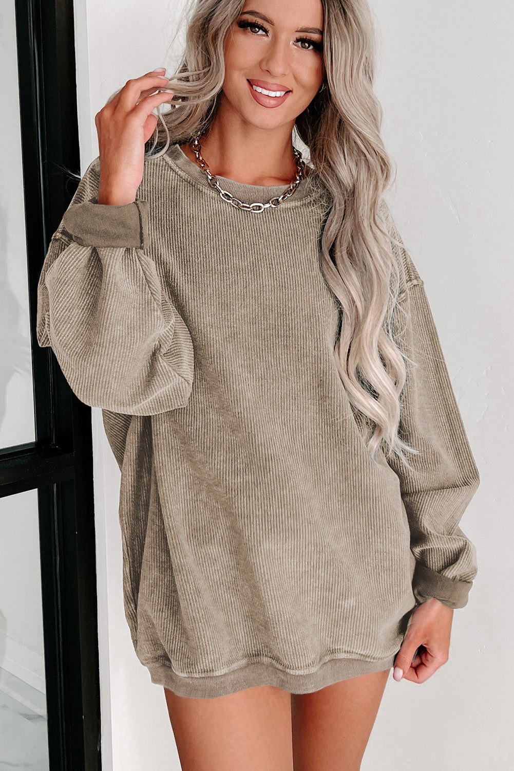 Khaki Solid Ribbed Round Neck Pullover Sweatshirt