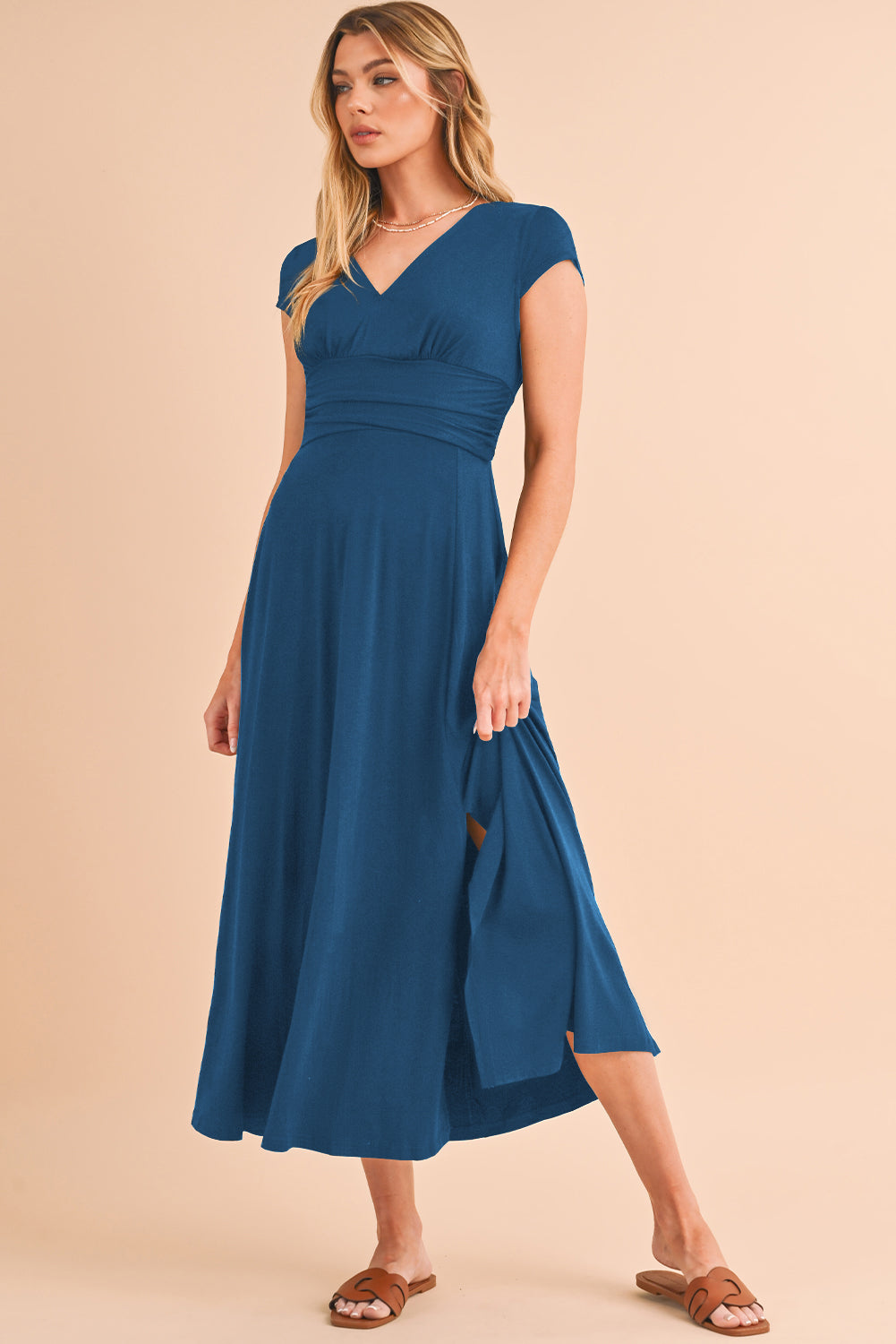 Peacock Blue Deep V Neck Ruched High Waist Midi Dress