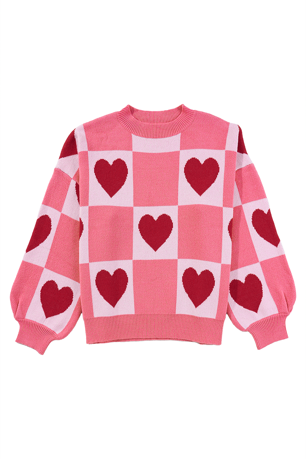 Pink Plus Size Heart Checkered Colorblock Lantern Sleeve Sweater