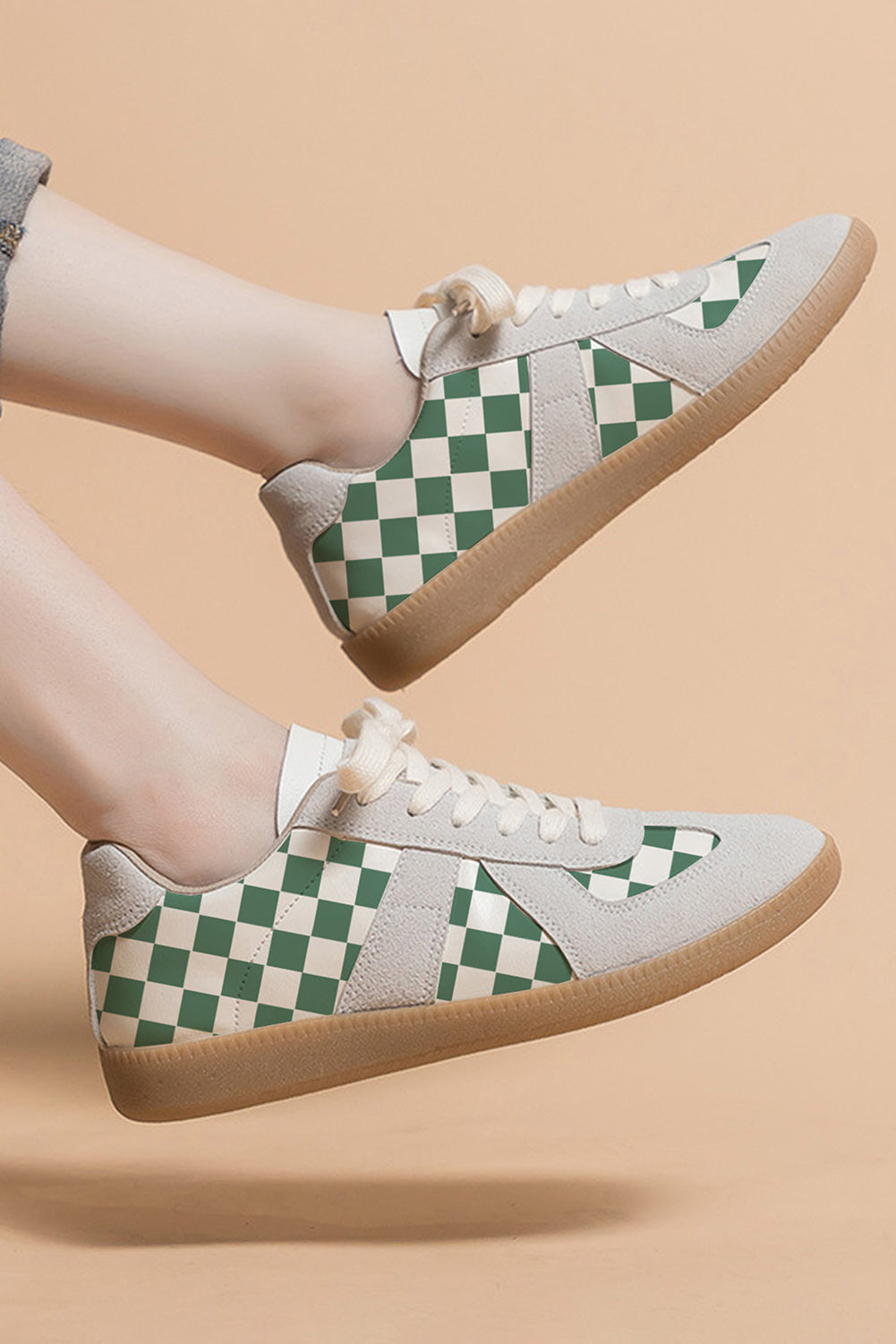 Sea Green Checkered PU Leather Lace-up Sneakers