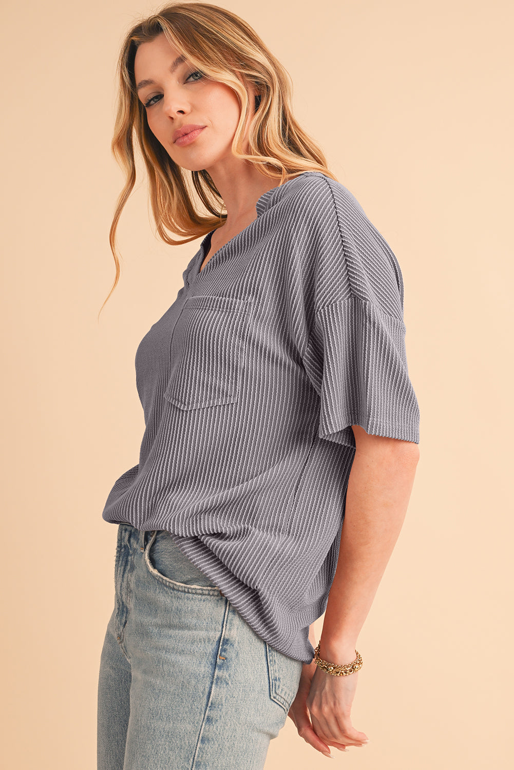 Light Grey Ribbed V Neck Pocket Drop Sleeve T-Shirt