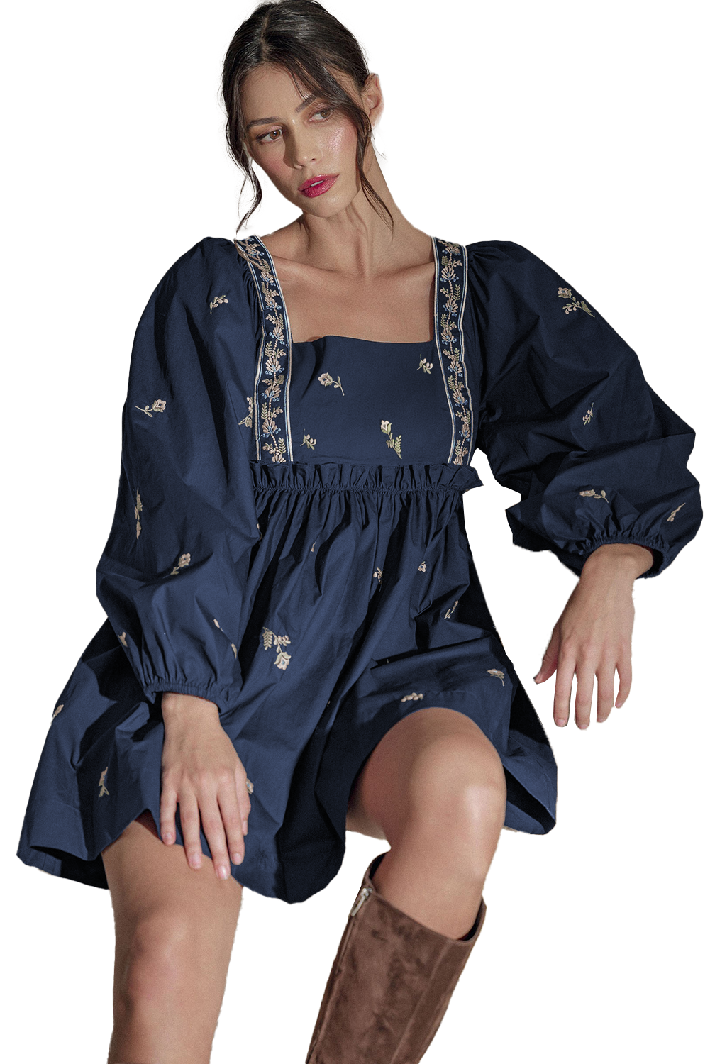 Blue Floral Embroidered Puff Sleeve Babydoll Dress