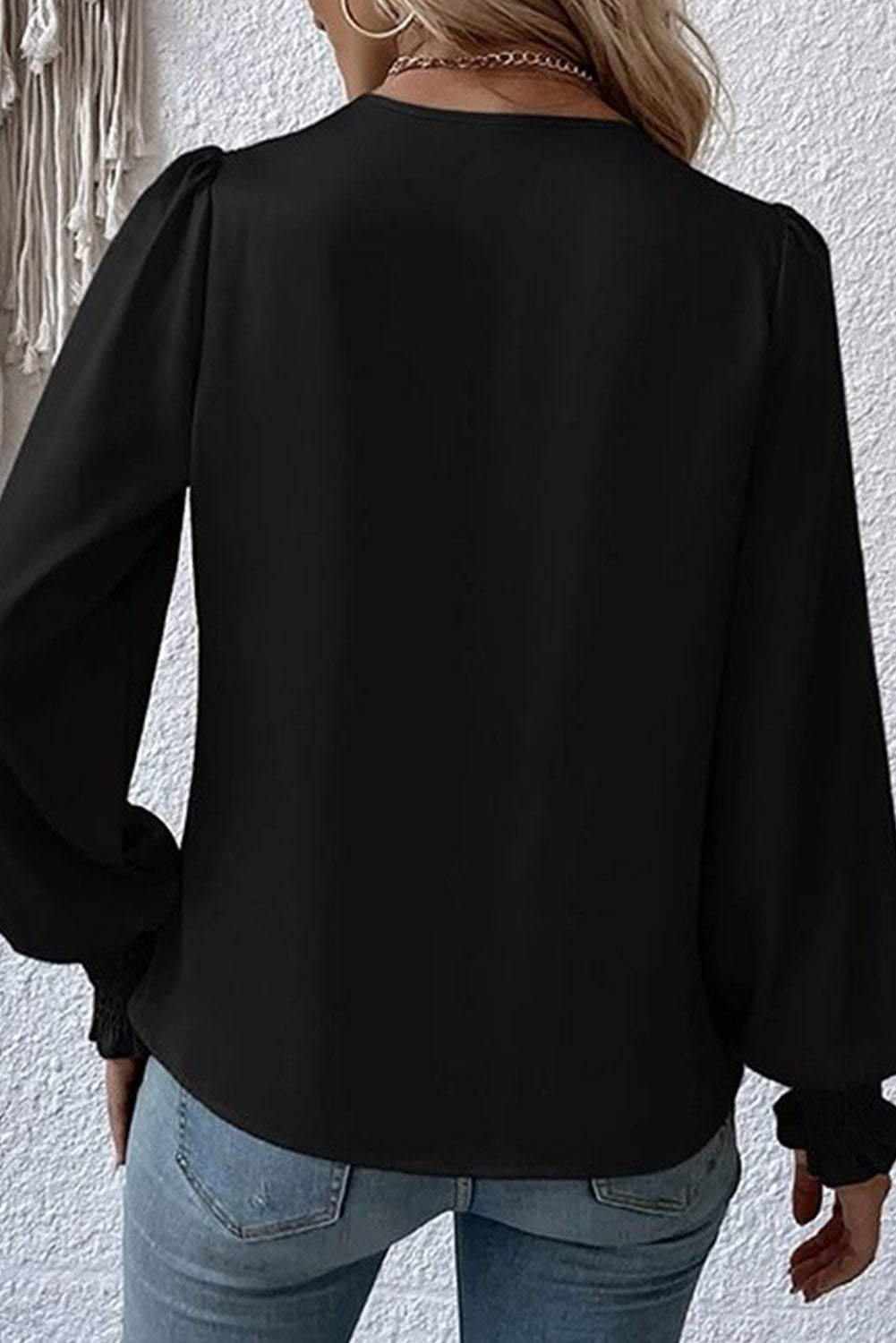 Black Plain Drape V Neck Long Sleeve Blouse for Women