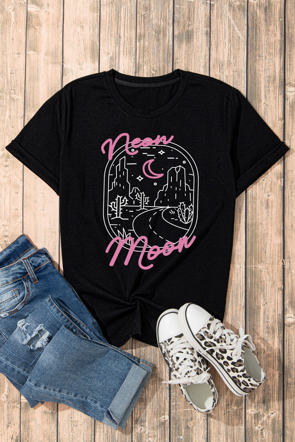 Black Tropical neon moon Letter Graphic Short Sleeve T Shirt