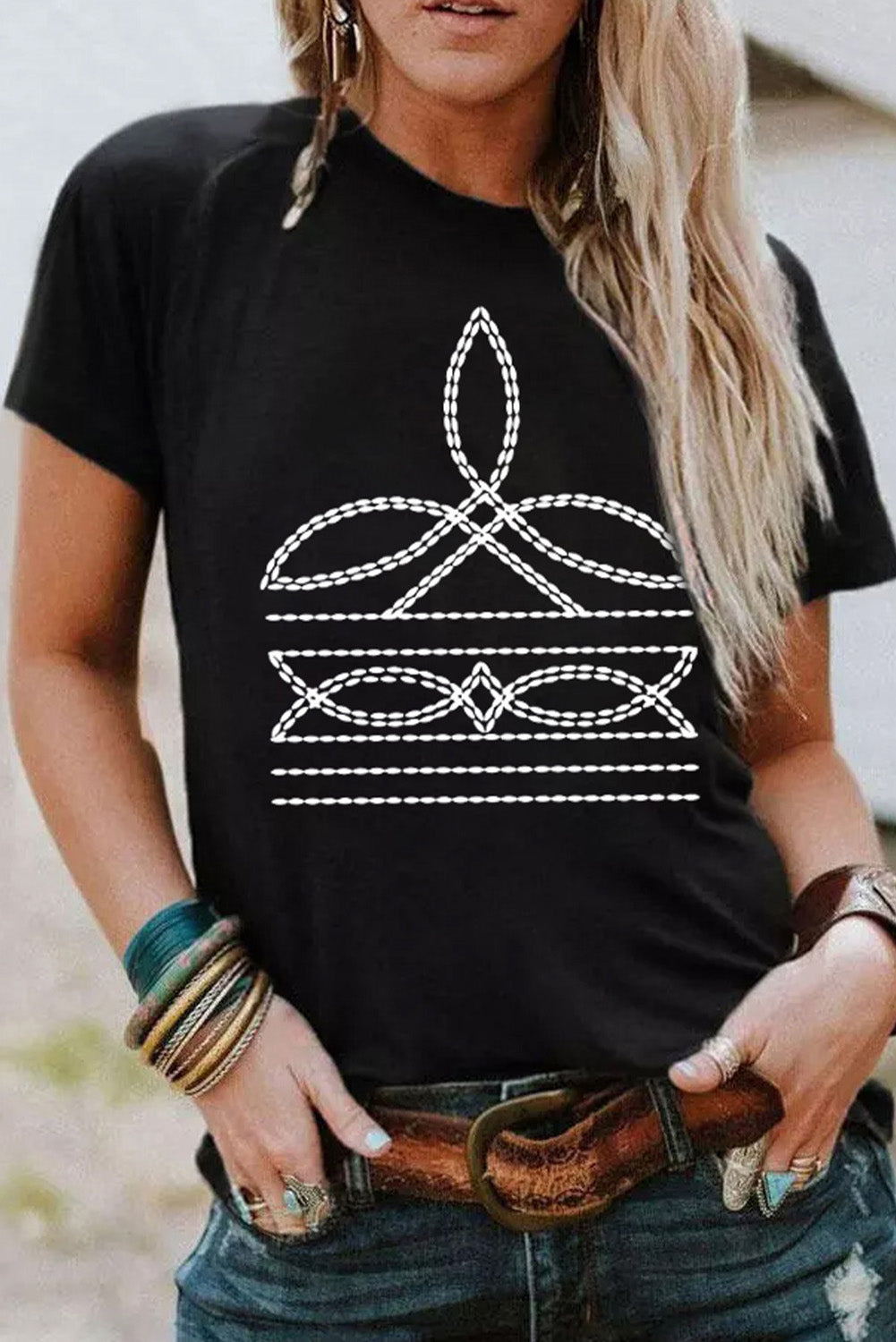 Black Geometric Graphic Slim Fit Crew Neck T Shirt