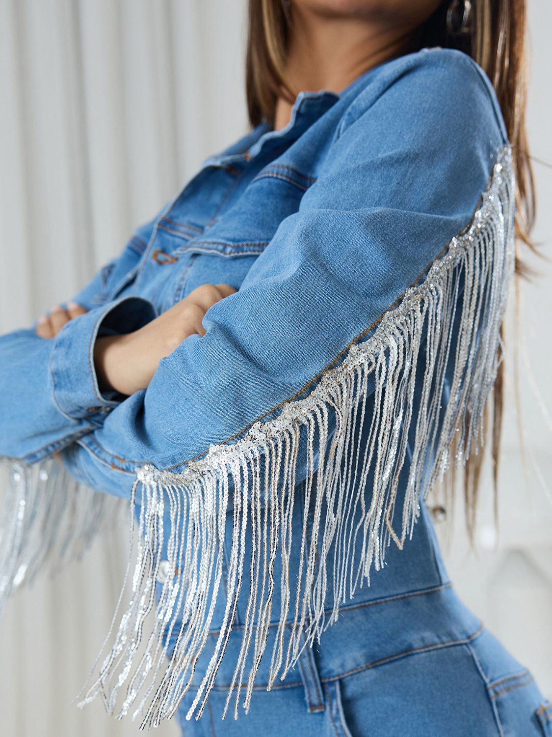 Fringe Half Button Long Sleeve Denim Jumpsuit