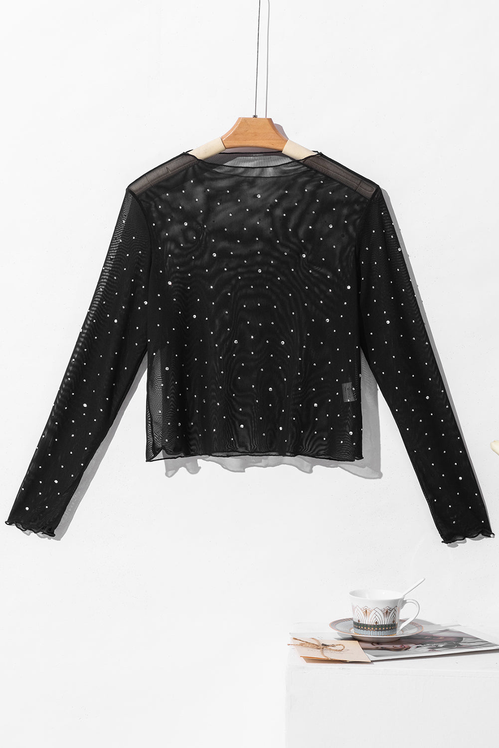 Black Rhinestone Mesh Mock Neck Top