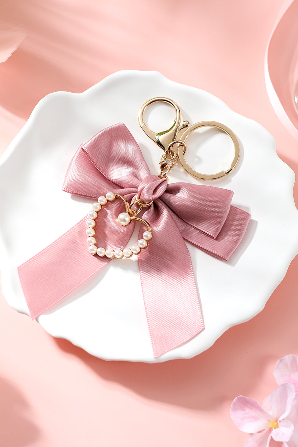 Pink Pearl Heart Decor Bow Decor Keychain