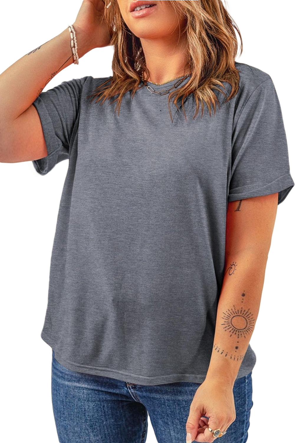 Gray Solid Color Basic Crew Neck Plain Tee