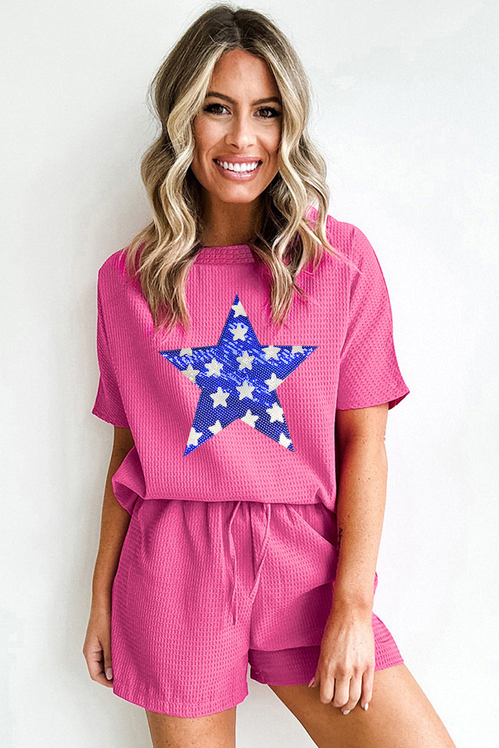 Rose Red Flag Day Sequin Star Waffle Knit Tee and Shorts Set