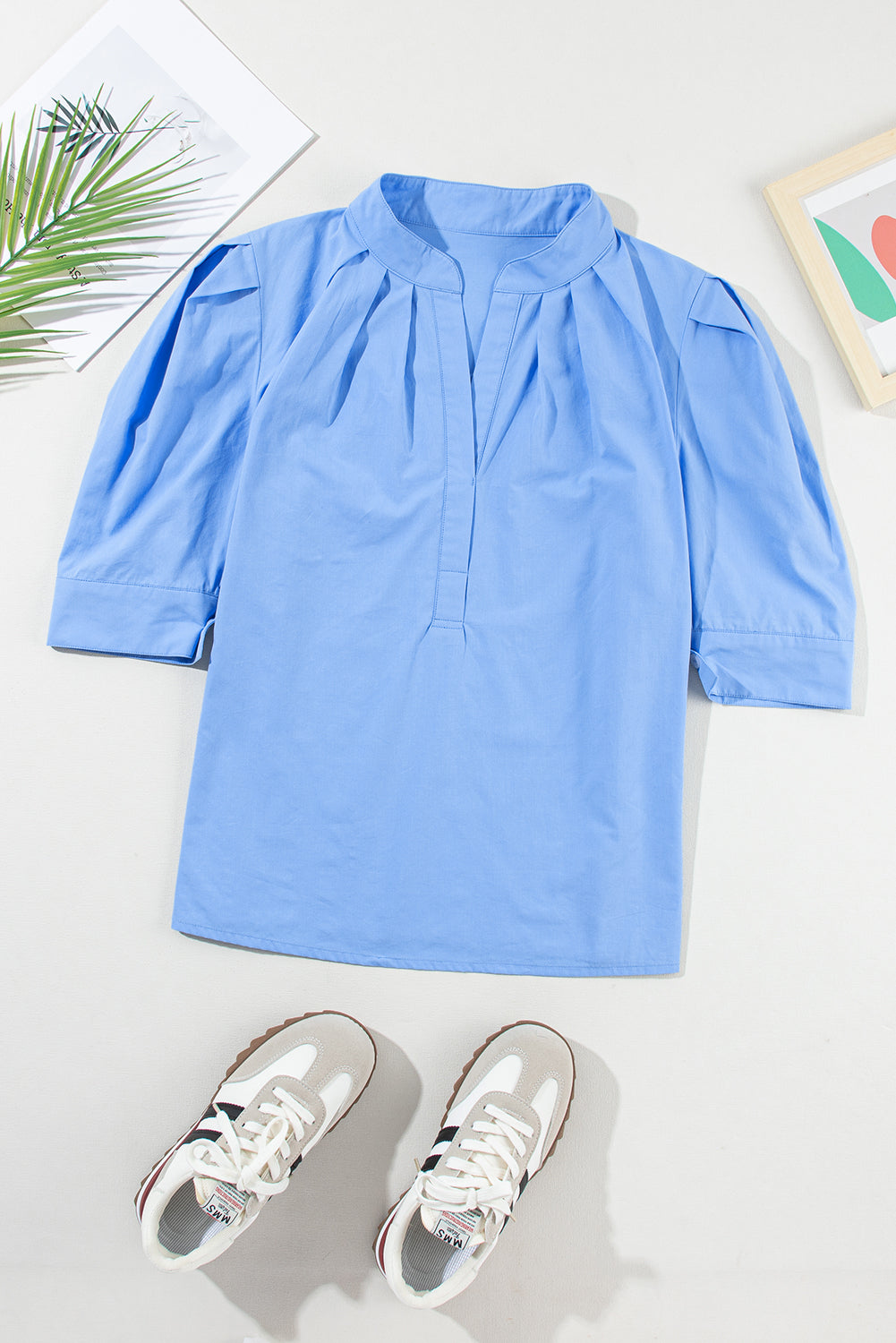 Sky Blue Solid Color Puff Short Sleeve Pleated Blouse