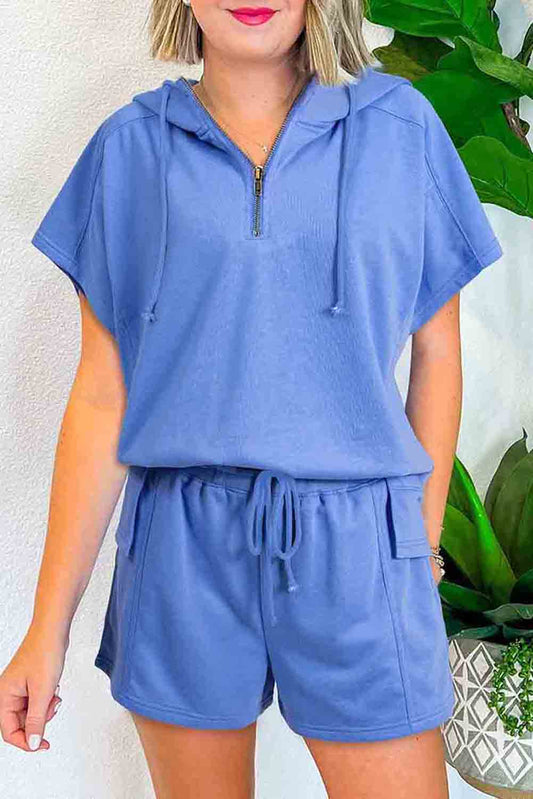 Sky Blue Casual Zipped Short Sleeve Hoodie and Shorts Set