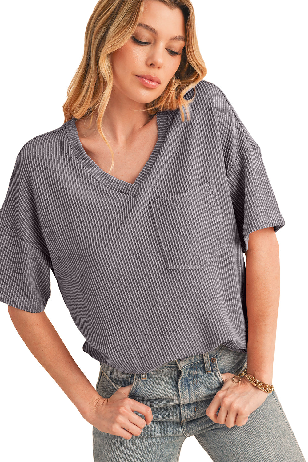 Light Grey Ribbed V Neck Pocket Drop Sleeve T-Shirt