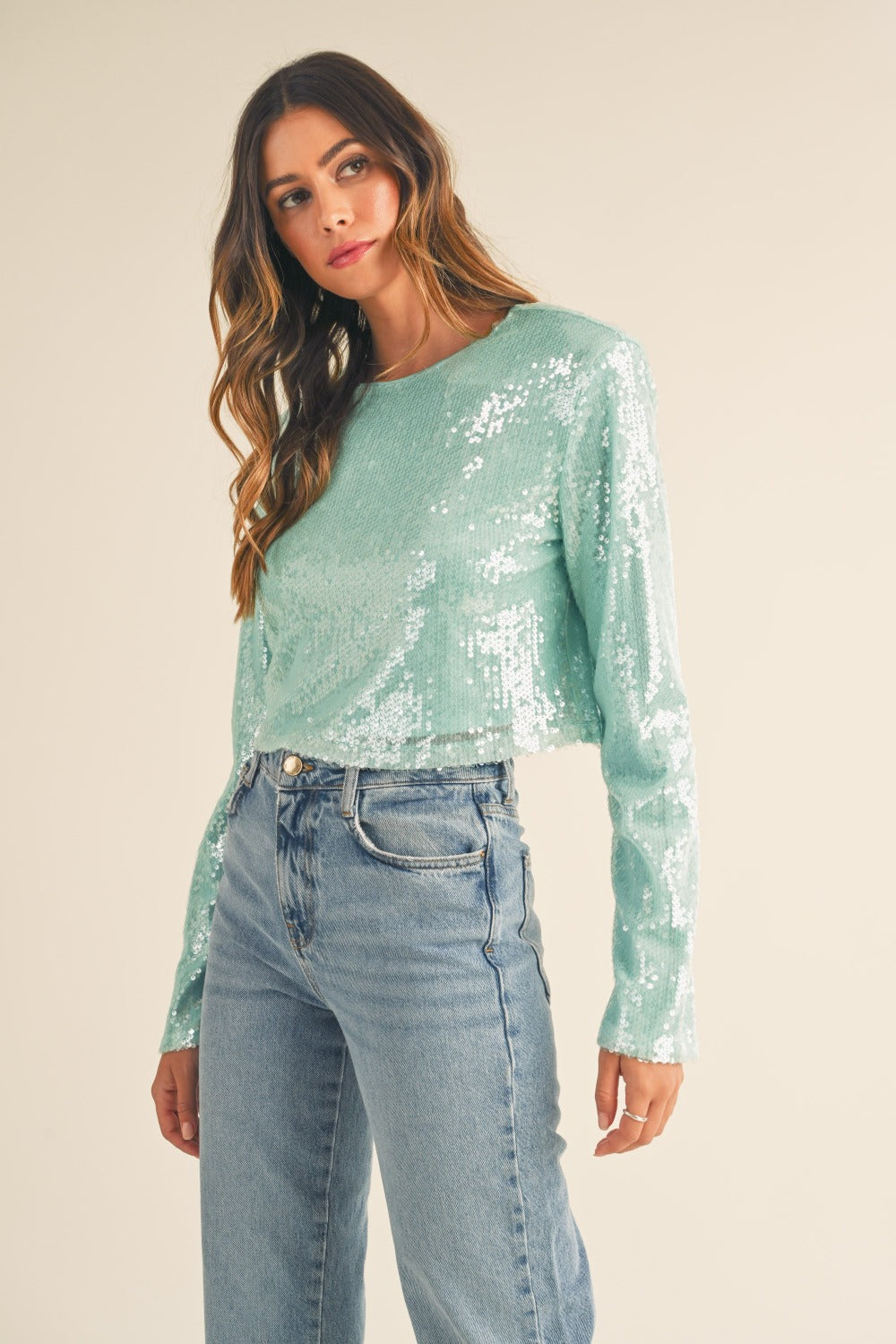 MABLE Shoulder Padded Sequin Crop Top