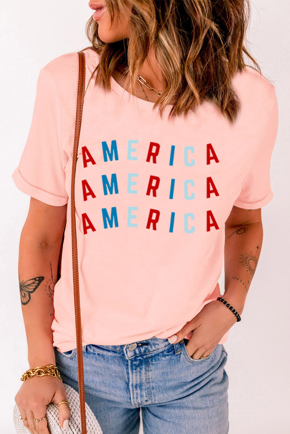 Pink 4th July AMERICA Graphic Crewneck T Shirt