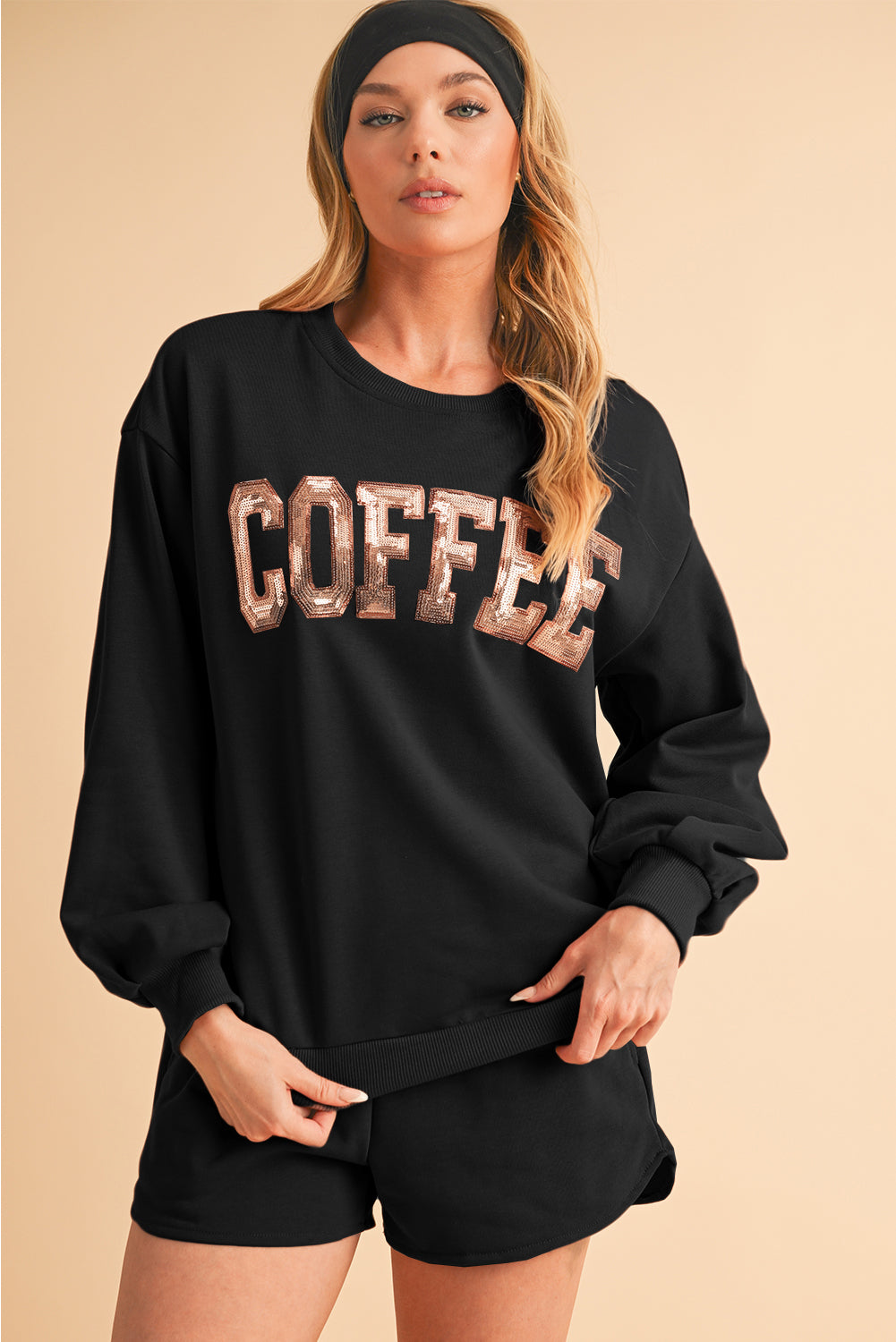 Black Sequins COFFEE Loose Fit Sweatshirt and Shorts Set