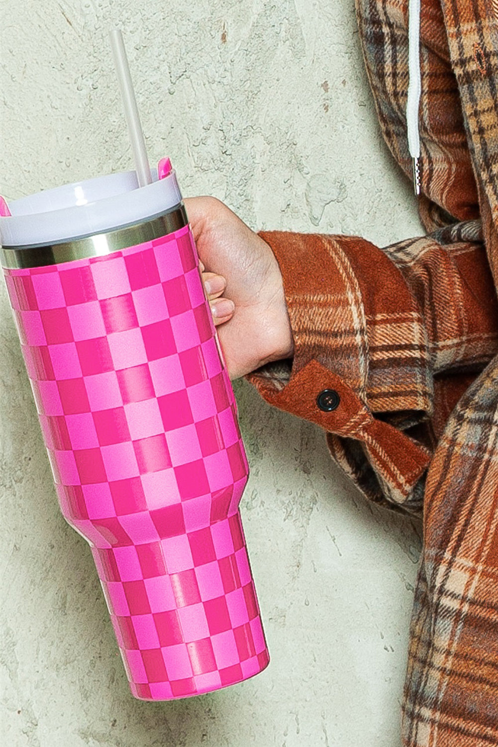 Black Checkered Print Handled Stainless Steel Tumbler Cup