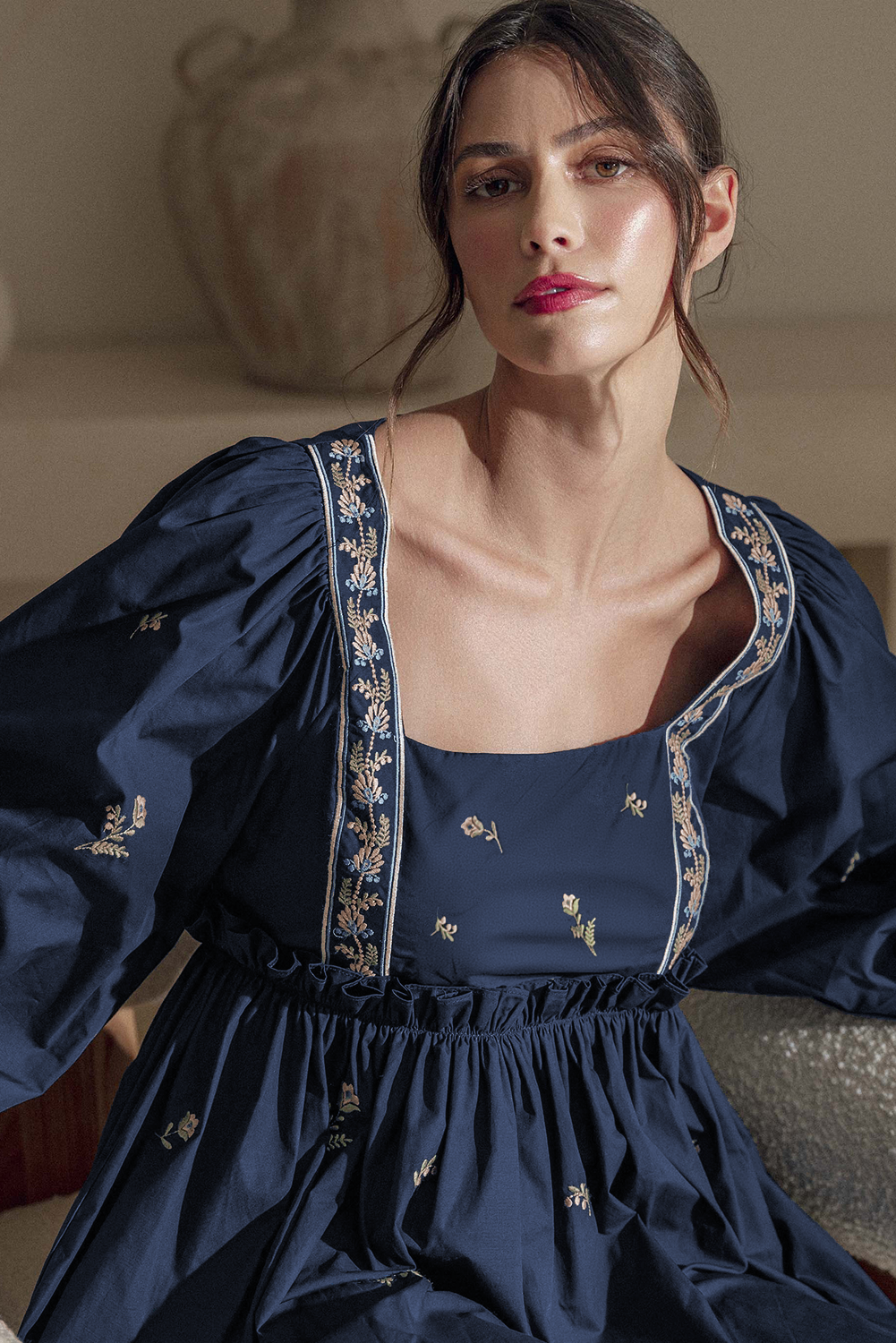 Blue Floral Embroidered Puff Sleeve Babydoll Dress