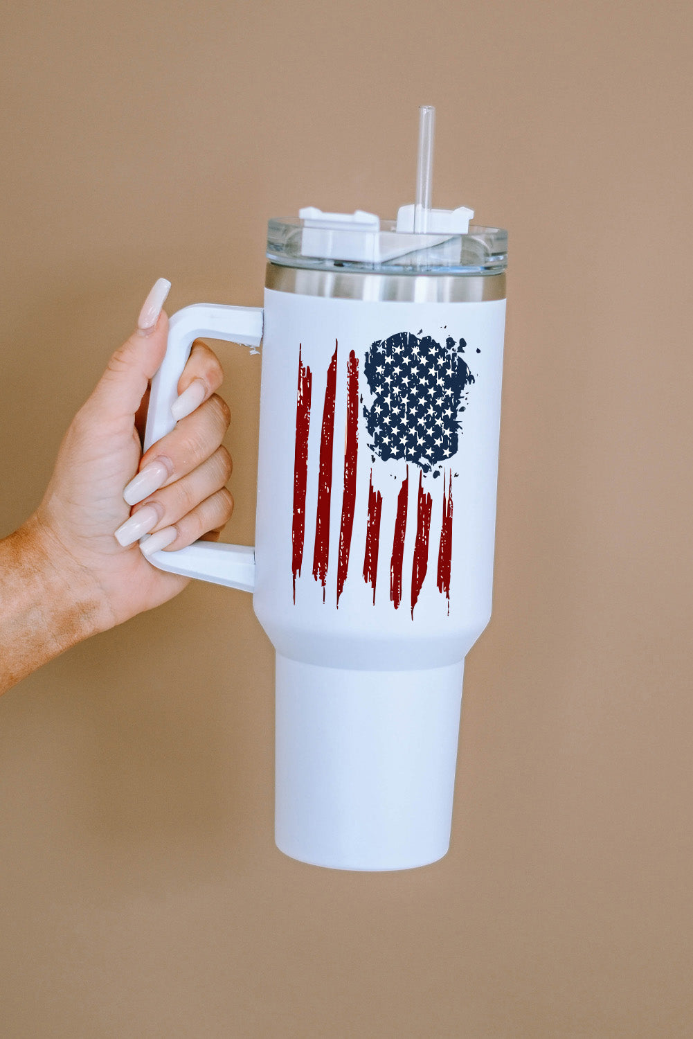 White American Flag Print Stainless Steel Portable Tumbler Mug with Straw