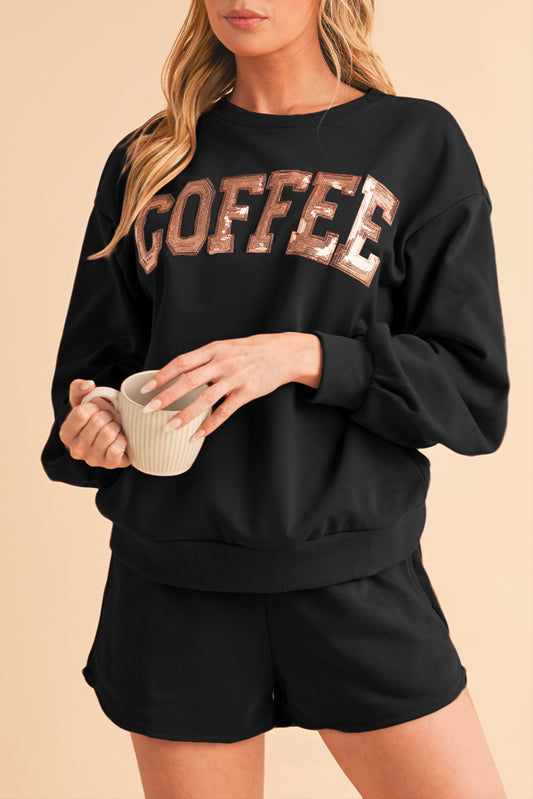 Black Sequins COFFEE Loose Fit Sweatshirt and Shorts Set