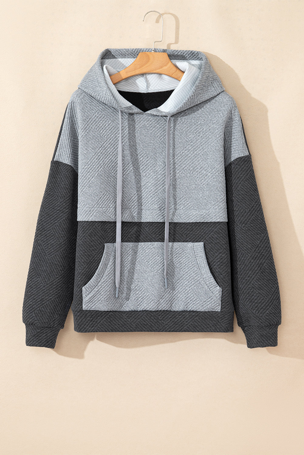 Gray Textured Patchwork Kangaroo Pocket Drop Shoulder Hoodie