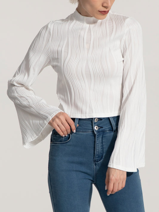 IZURIA Mock Neck Flare Sleeve Cropped Top