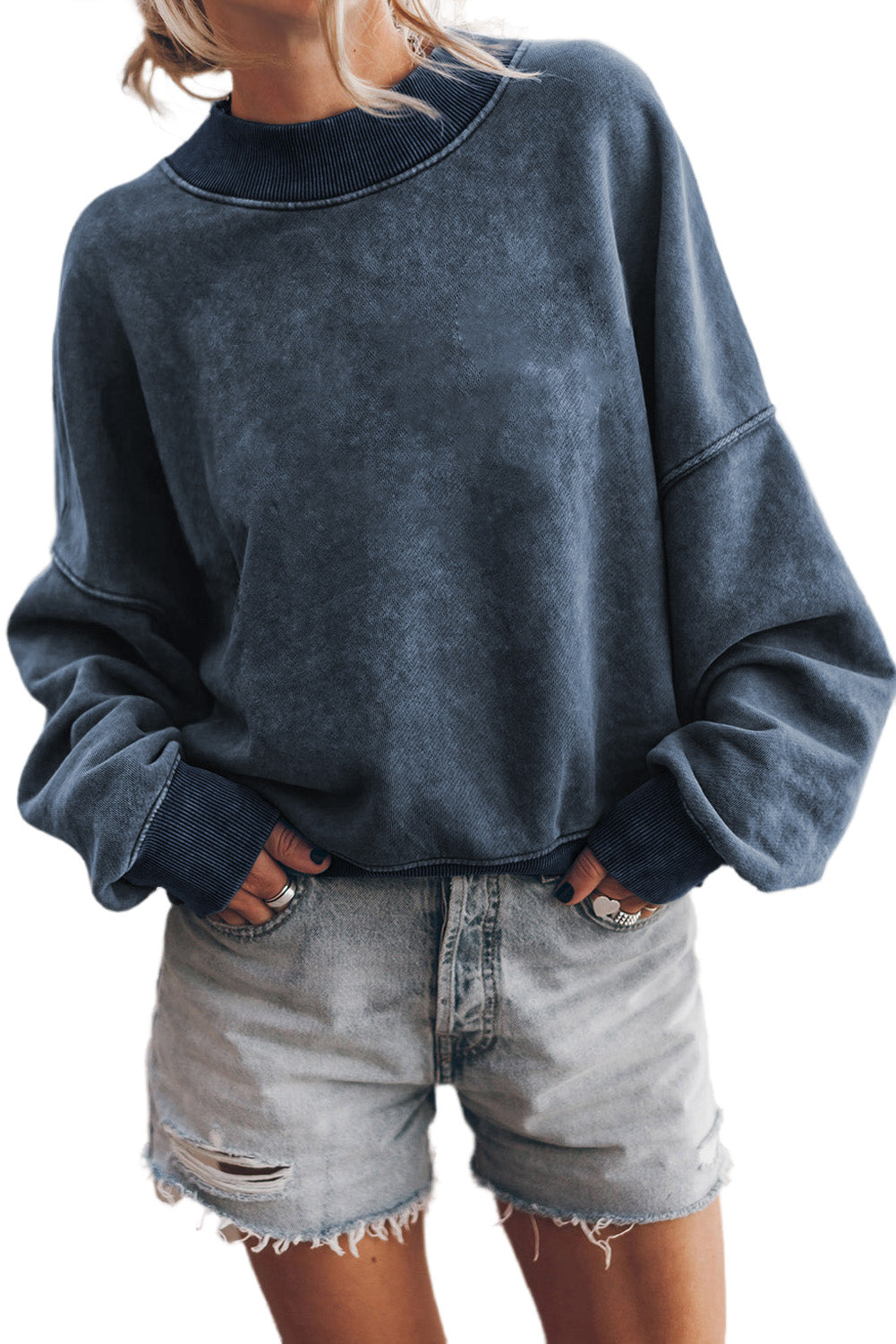 Blue Plain Drop Shoulder Crew Neck Pullover Sweatshirt