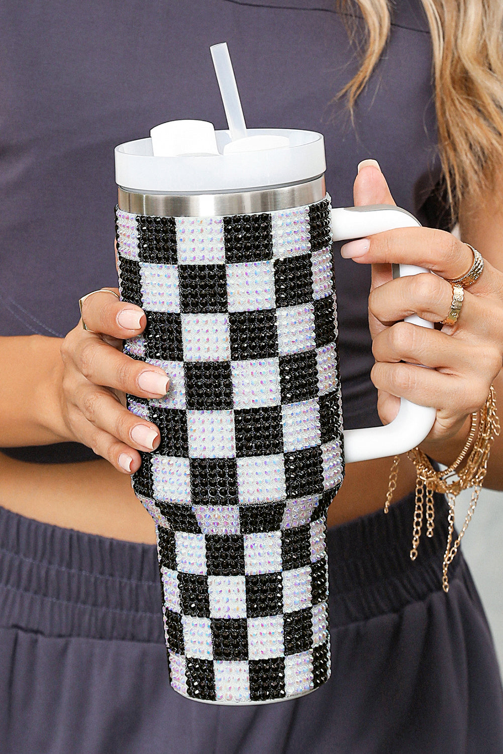 Blackish Green 40oz Rhinestone Checkered Tumbler Cup